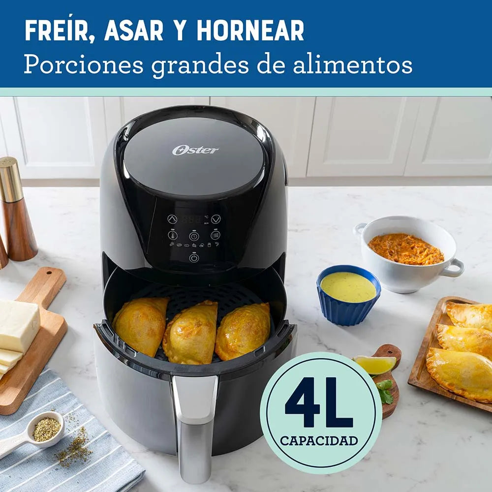 Freidora de Aire Digital Oster® 4L con revestimiento antiadherente DiamondForce, panel digital y 7 funciones preprogramadas para cocinar una variedad de alimentos de forma rápida y saludable.