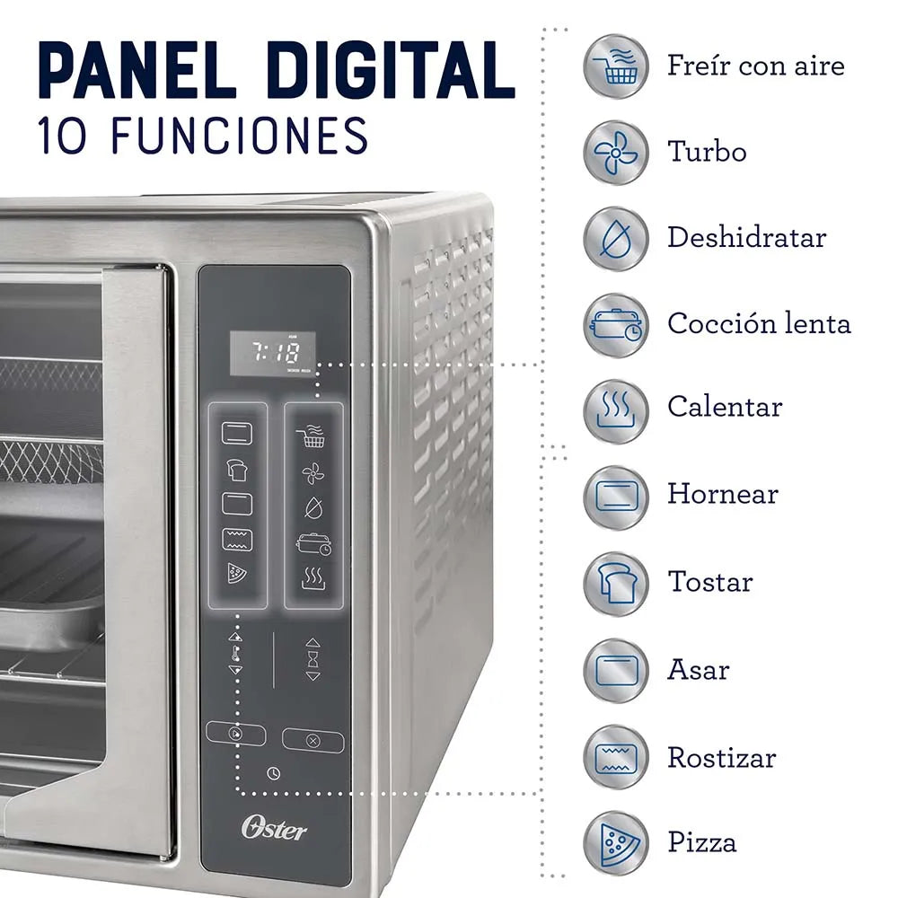 Horno Digital con Freidora de Aire Oster® 42L con 10 funciones pre-determinadas, capacidad de 42L, recubrimiento antiadherente, función de freír al aire con hasta 99.5% menos aceite, pre-calentamiento rápido, y puertas francesas.