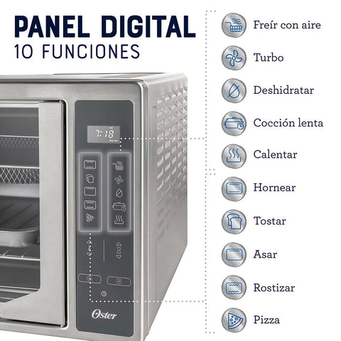 Horno Digital con Freidora de Aire Oster® 42L con 10 funciones pre-determinadas, capacidad de 42L, recubrimiento antiadherente, función de freír al aire con hasta 99.5% menos aceite, pre-calentamiento rápido, y puertas francesas.