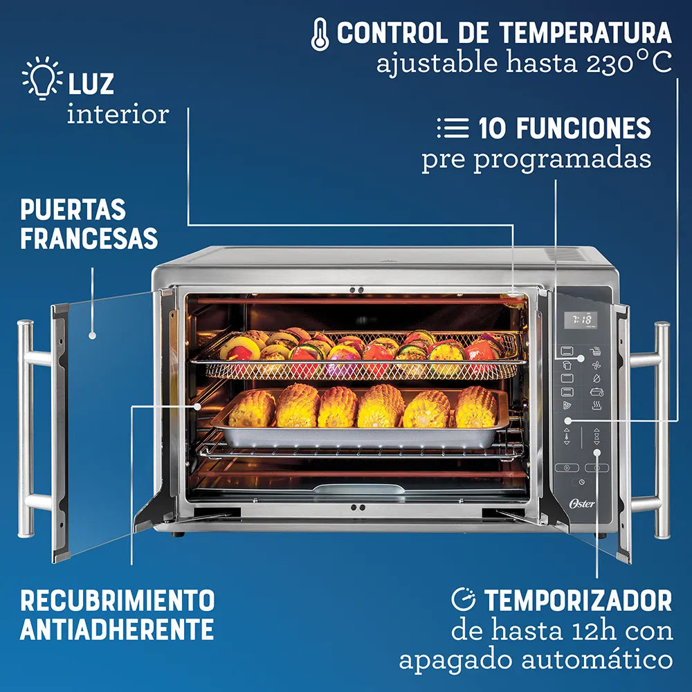 Horno Digital con Freidora de Aire Oster® 42L con 10 funciones pre-determinadas, capacidad de 42L, recubrimiento antiadherente, función de freír al aire con hasta 99.5% menos aceite, pre-calentamiento rápido, y puertas francesas.