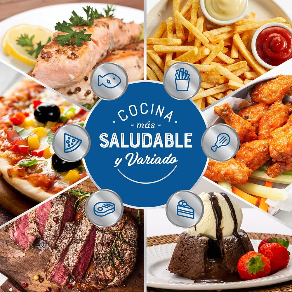 Horno Digital con Freidora de Aire Oster® 42L con 10 funciones pre-determinadas, capacidad de 42L, recubrimiento antiadherente, función de freír al aire con hasta 99.5% menos aceite, pre-calentamiento rápido, y puertas francesas.