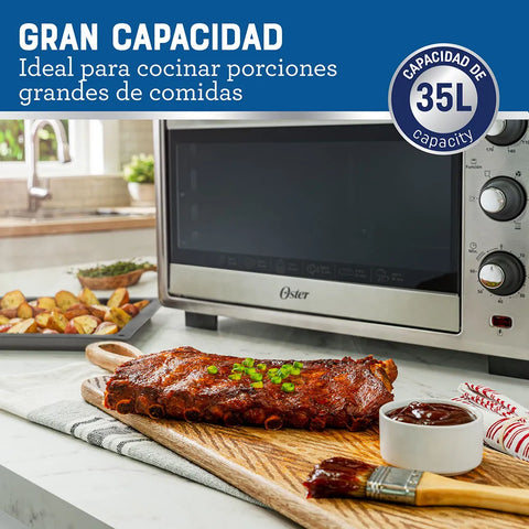 Horno con Freidora de Aire Oster® 35L, 5 funciones pre-programadas, control de temperatura hasta 230°C, recubrimiento antiadherente, y luz interior para fácil monitoreo.