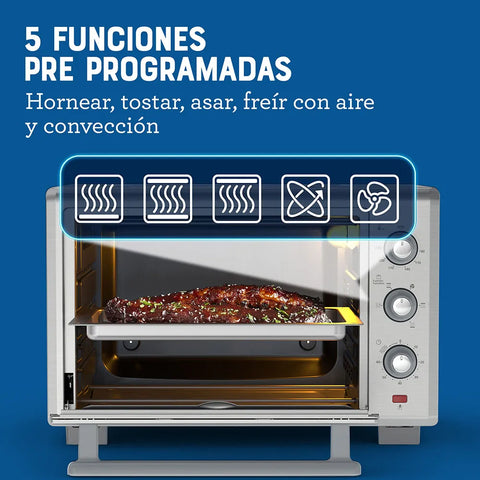 Horno con Freidora de Aire Oster® 35L, 5 funciones pre-programadas, control de temperatura hasta 230°C, recubrimiento antiadherente, y luz interior para fácil monitoreo.