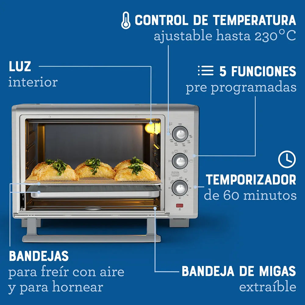 Horno con Freidora de Aire Oster® 35L, 5 funciones pre-programadas, control de temperatura hasta 230°C, recubrimiento antiadherente, y luz interior para fácil monitoreo.