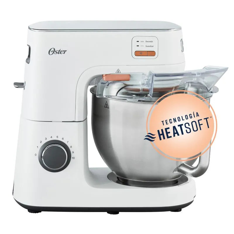 Batidora planetaria Oster® con tecnología Heatsoft™, tazón de acero inoxidable y luz LED para mezclas perfectas.