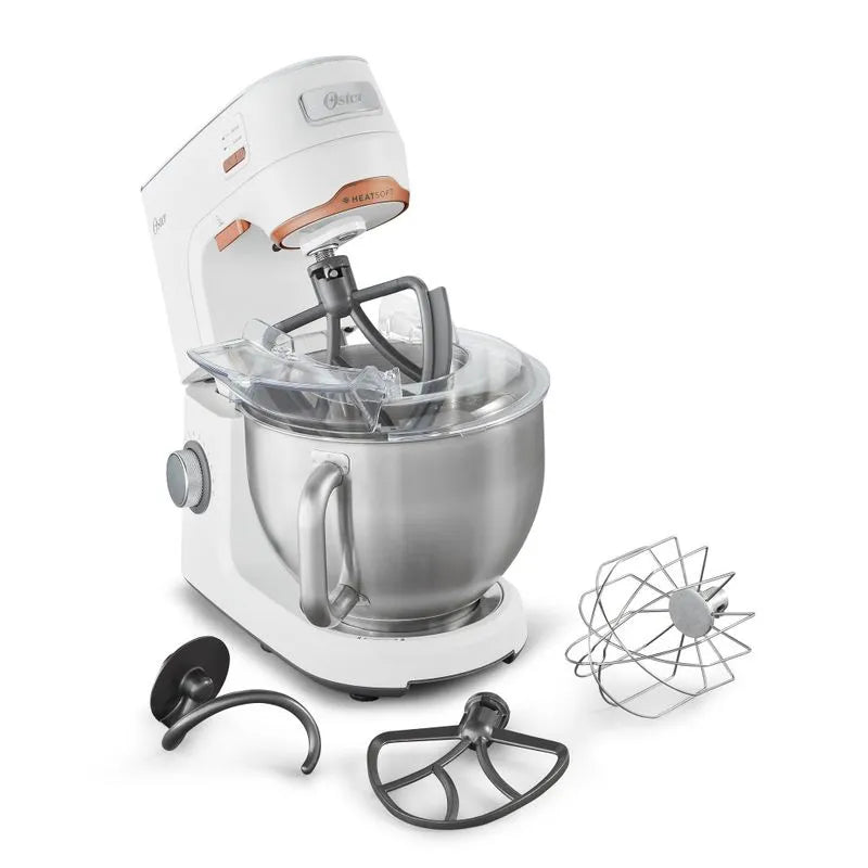 Batidora planetaria Oster® con tecnología Heatsoft™, tazón de acero inoxidable y luz LED para mezclas perfectas.