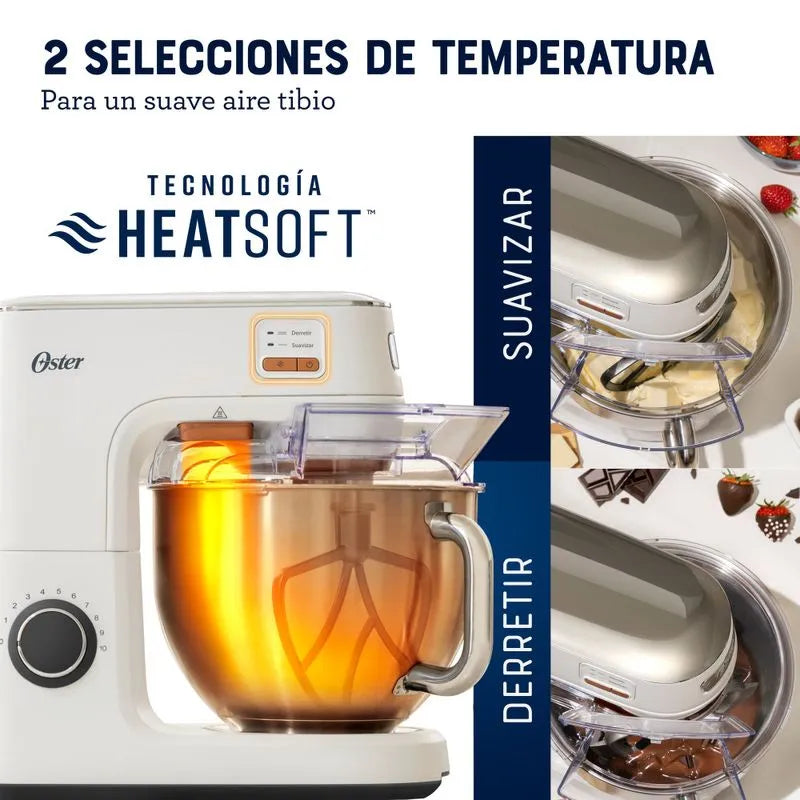 Batidora planetaria Oster® con tecnología Heatsoft™, tazón de acero inoxidable y luz LED para mezclas perfectas.