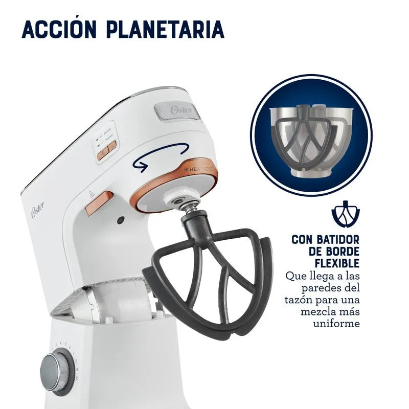 Batidora planetaria Oster® con tecnología Heatsoft™, tazón de acero inoxidable y luz LED para mezclas perfectas.
