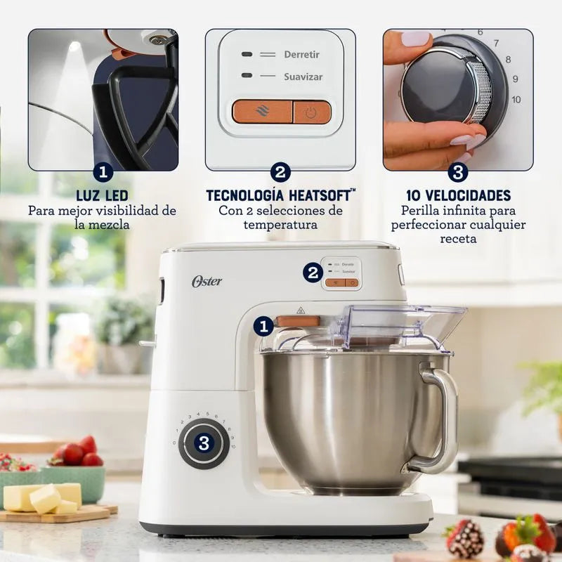 Batidora planetaria Oster® con tecnología Heatsoft™, tazón de acero inoxidable y luz LED para mezclas perfectas.
