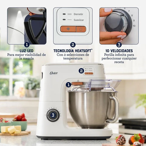 Batidora planetaria Oster® con tecnología Heatsoft™, tazón de acero inoxidable y luz LED para mezclas perfectas.