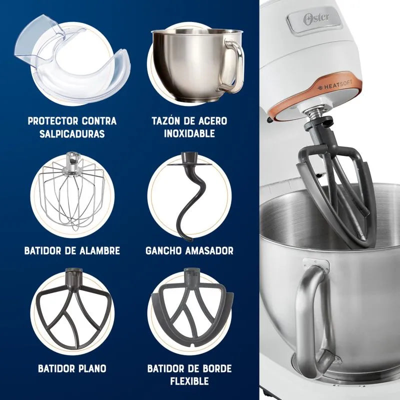 Batidora planetaria Oster® con tecnología Heatsoft™, tazón de acero inoxidable y luz LED para mezclas perfectas.