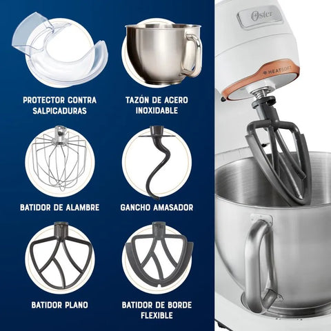 Batidora planetaria Oster® con tecnología Heatsoft™, tazón de acero inoxidable y luz LED para mezclas perfectas.
