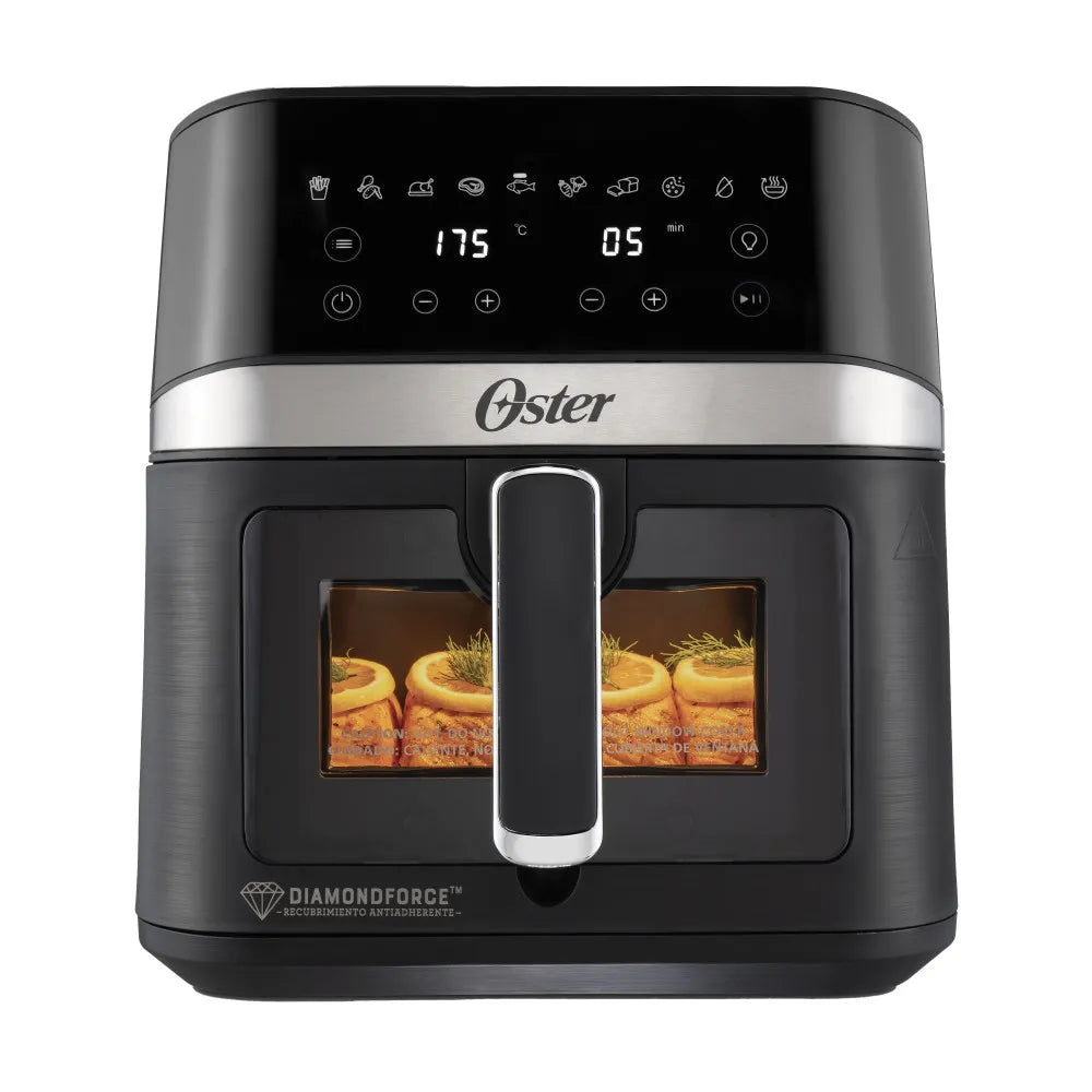 Freidora de Aire Digital Oster® DiamondForce 6L con recubrimiento antiadherente, 10 programas automáticos, bandeja extraíble, y ventana de visualización para una cocción fácil y rápida.