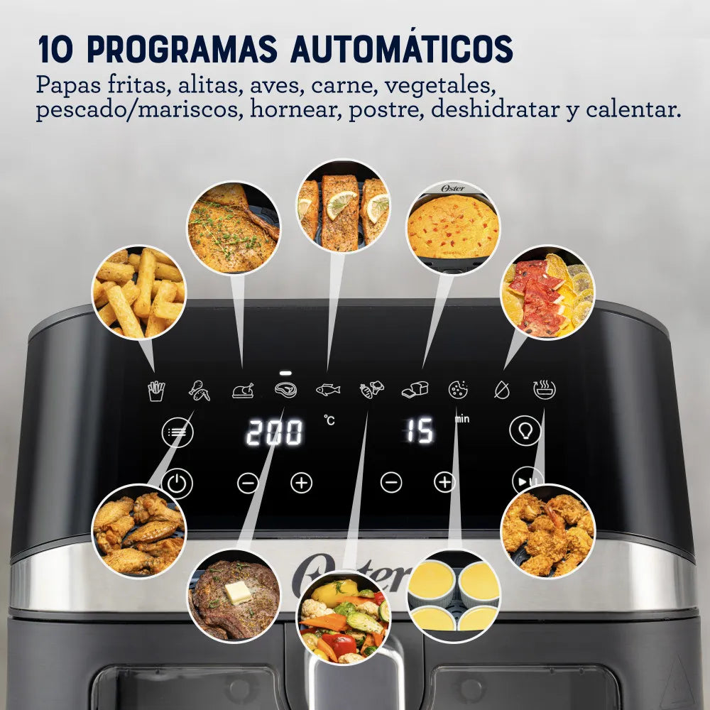 Freidora de Aire Digital Oster® DiamondForce 6L con recubrimiento antiadherente, 10 programas automáticos, bandeja extraíble, y ventana de visualización para una cocción fácil y rápida.