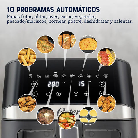 Freidora de Aire Digital Oster® DiamondForce 6L con recubrimiento antiadherente, 10 programas automáticos, bandeja extraíble, y ventana de visualización para una cocción fácil y rápida.