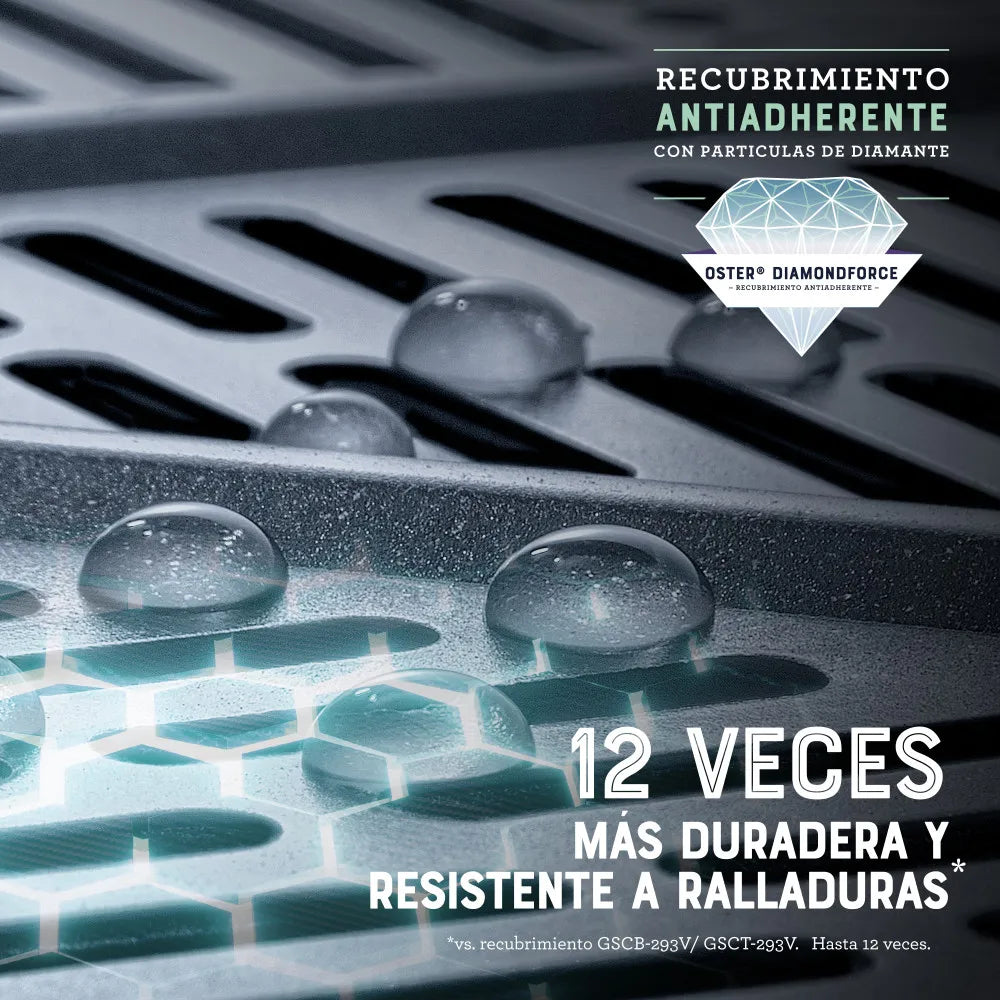 Freidora de Aire Digital Oster® DiamondForce 6L con recubrimiento antiadherente, 10 programas automáticos, bandeja extraíble, y ventana de visualización para una cocción fácil y rápida.