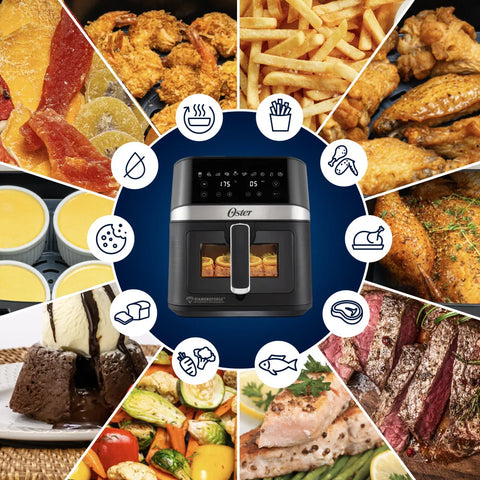 Freidora de Aire Digital Oster® DiamondForce 6L con recubrimiento antiadherente, 10 programas automáticos, bandeja extraíble, y ventana de visualización para una cocción fácil y rápida.