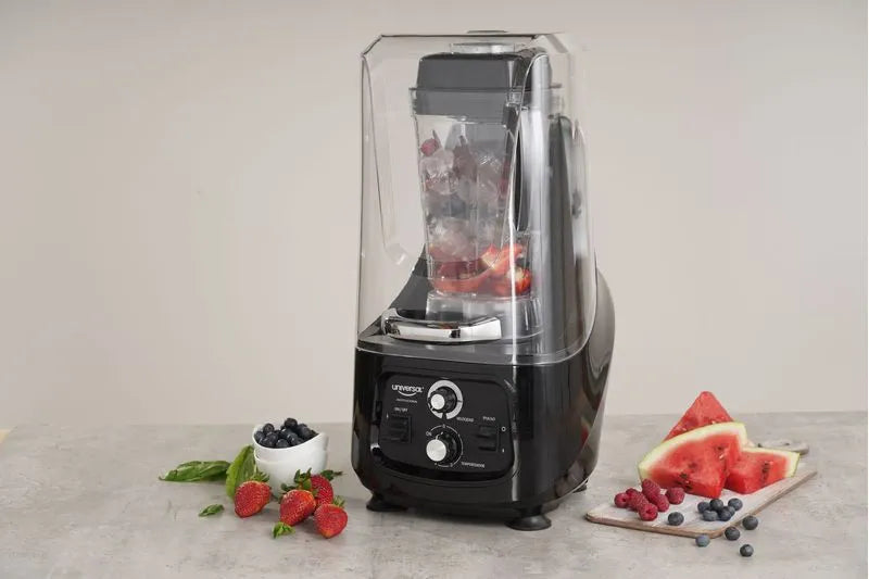 Licuadora Industrial Profesional Suprema Universal con dos vasos de 2 litros, motor de 1500 W, temporizador y función de reducción de ruido.