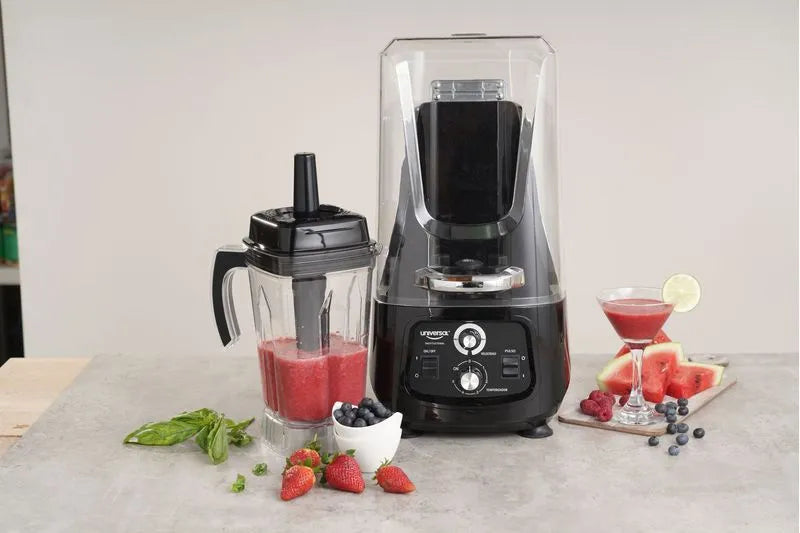 Licuadora Industrial Profesional Suprema Universal con dos vasos de 2 litros, motor de 1500 W, temporizador y función de reducción de ruido.