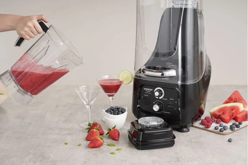 Licuadora Industrial Profesional Suprema Universal con dos vasos de 2 litros, motor de 1500 W, temporizador y función de reducción de ruido.