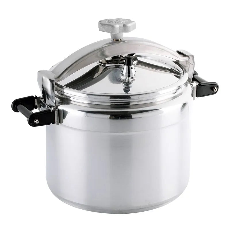 Olla a presión Magna de 25 litros, fabricada en aluminio resistente, con dos válvulas de seguridad, pesas reguladoras y asas reforzadas, diseñada para cocinas institucionales y restaurantes.