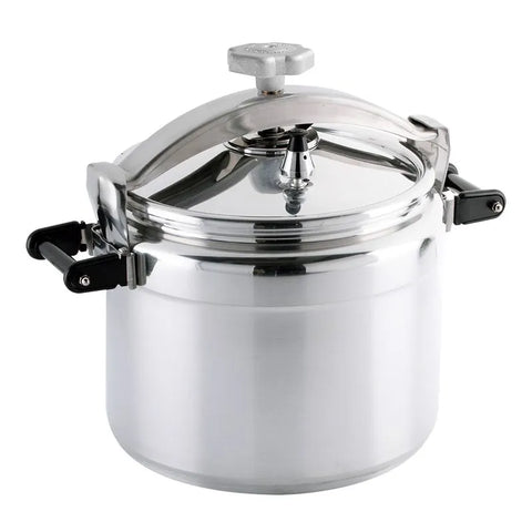 Olla a presión Magna de 25 litros, fabricada en aluminio resistente, con dos válvulas de seguridad, pesas reguladoras y asas reforzadas, diseñada para cocinas institucionales y restaurantes.