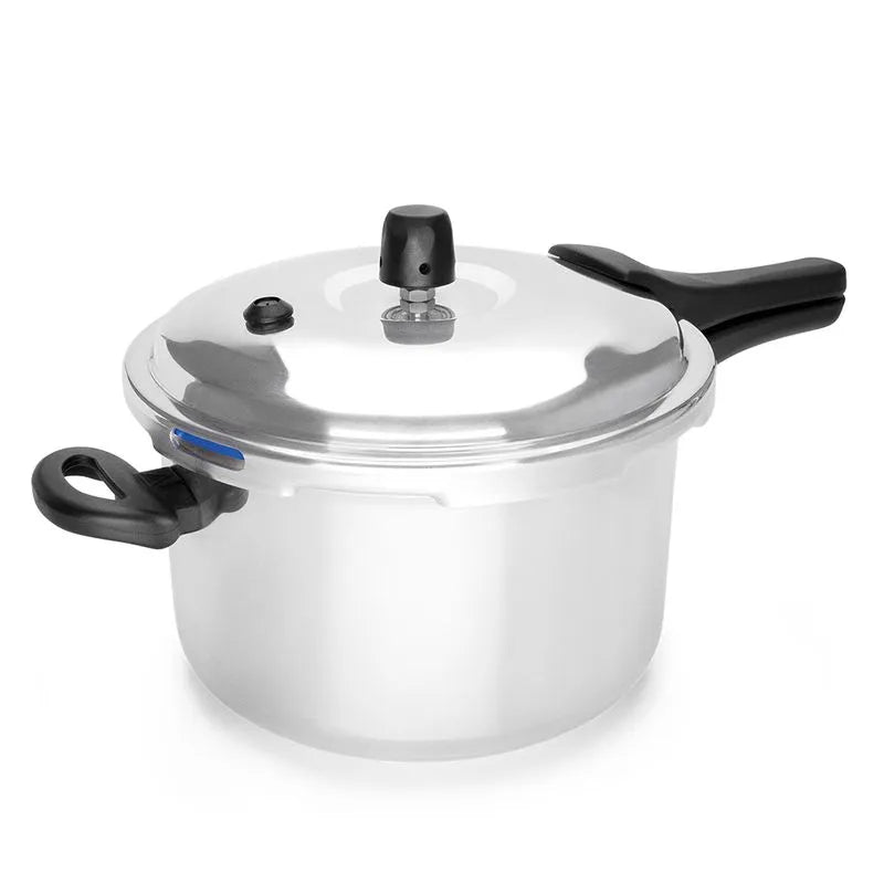 Olla a presión Aliada de 4.5 litros con cierre externo, cuerpo de aluminio de 1.8 mm de espesor, sistema de cierre autoajustable y hermético, válvula de seguridad, y mangos de baquelita resistentes al calor.