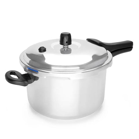Olla a presión Aliada de 4.5 litros con cierre externo, cuerpo de aluminio de 1.8 mm de espesor, sistema de cierre autoajustable y hermético, válvula de seguridad, y mangos de baquelita resistentes al calor.