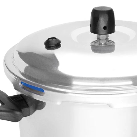 Olla a presión Aliada de 4.5 litros con cierre externo, cuerpo de aluminio de 1.8 mm de espesor, sistema de cierre autoajustable y hermético, válvula de seguridad, y mangos de baquelita resistentes al calor.