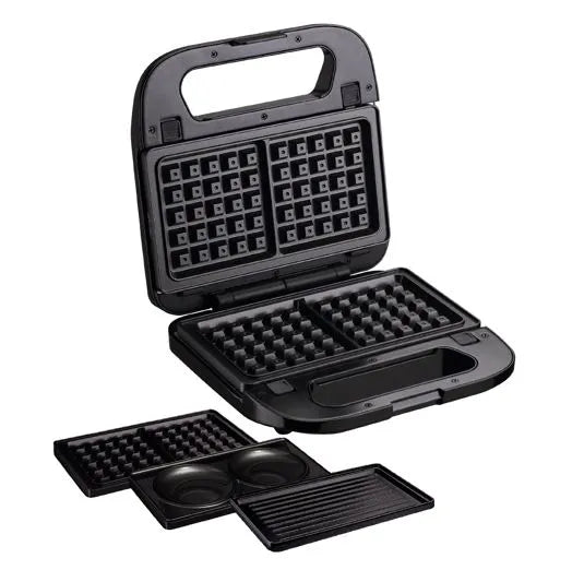 Sanduchera Onoff 3 en 1 con platos intercambiables, recubrimiento antiadherente y control de temperatura On/Off para una cocción perfecta.