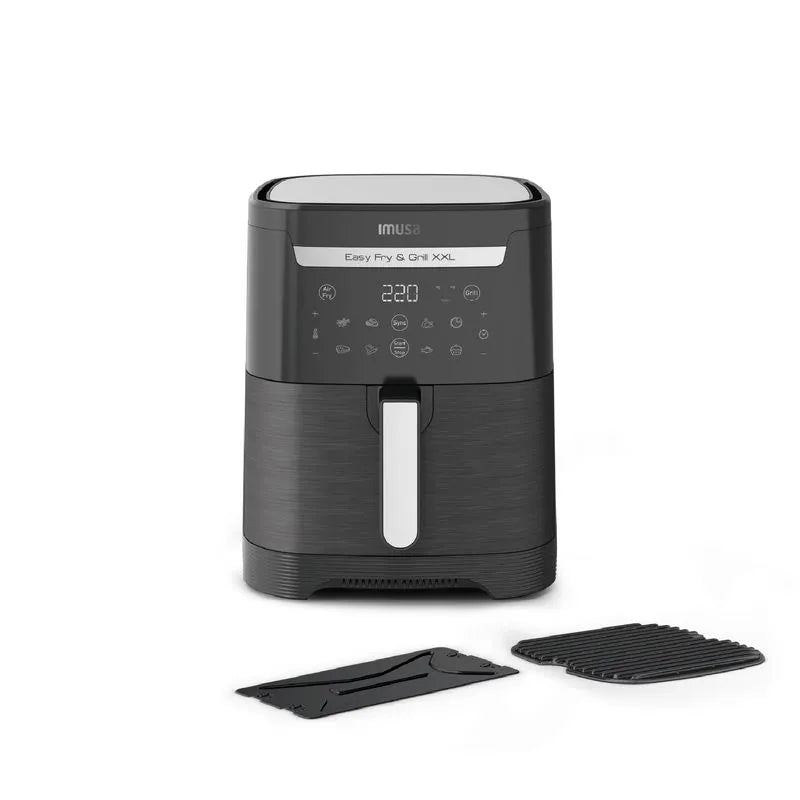 Freidora de Aire IMUSA Easy Fry & Grill XXL de 6,5 litros, con divisor Flexizona, parrilla de aluminio fundido, temporizador de 10 horas y rango de temperatura de 80°C a 220°C, ideal para hasta 8 porciones.