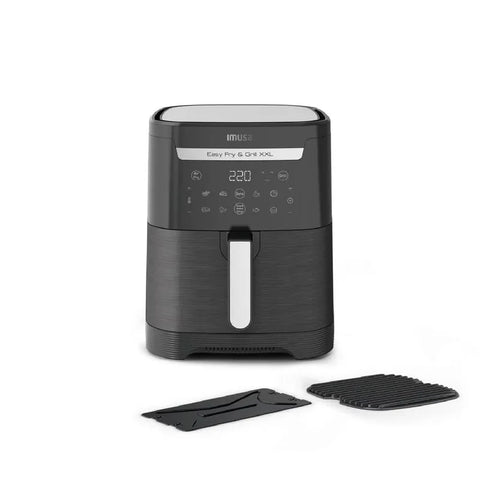 Freidora de Aire IMUSA Easy Fry & Grill XXL de 6,5 litros, con divisor Flexizona, parrilla de aluminio fundido, temporizador de 10 horas y rango de temperatura de 80°C a 220°C, ideal para hasta 8 porciones.