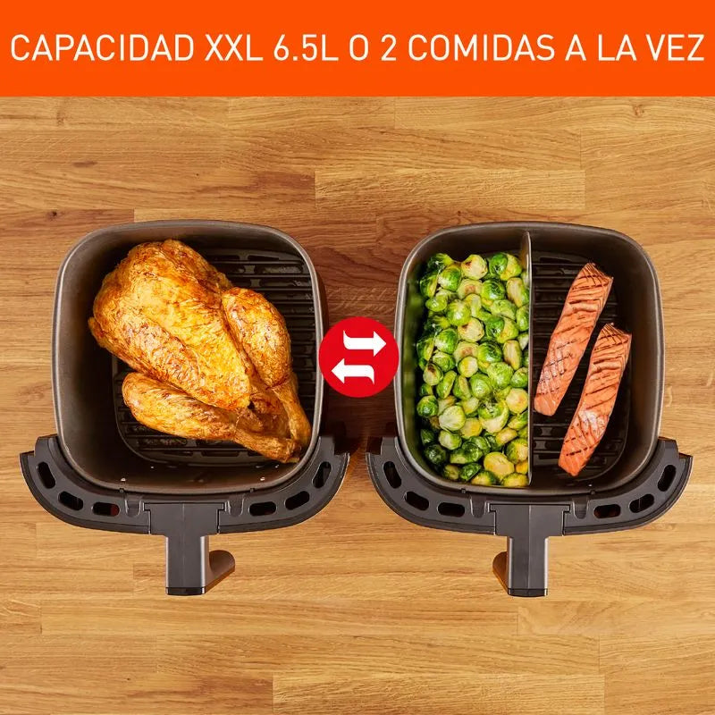 Freidora de Aire IMUSA Easy Fry & Grill XXL de 6,5 litros, con divisor Flexizona, parrilla de aluminio fundido, temporizador de 10 horas y rango de temperatura de 80°C a 220°C, ideal para hasta 8 porciones.