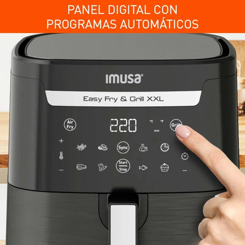 Freidora de Aire IMUSA Easy Fry & Grill XXL de 6,5 litros, con divisor Flexizona, parrilla de aluminio fundido, temporizador de 10 horas y rango de temperatura de 80°C a 220°C, ideal para hasta 8 porciones.