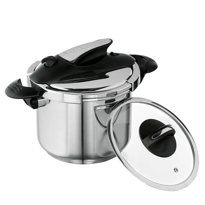 Olla a presión de acero inoxidable de 6 litros con sistema abre fácil y cinco sistemas de seguridad.