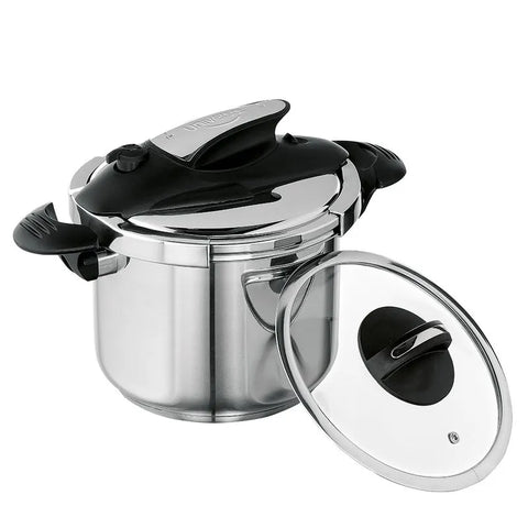 Olla a presión de acero inoxidable de 6 litros con sistema abre fácil y cinco sistemas de seguridad.