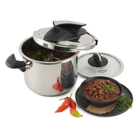 Olla a presión de acero inoxidable de 6 litros con sistema abre fácil y cinco sistemas de seguridad.