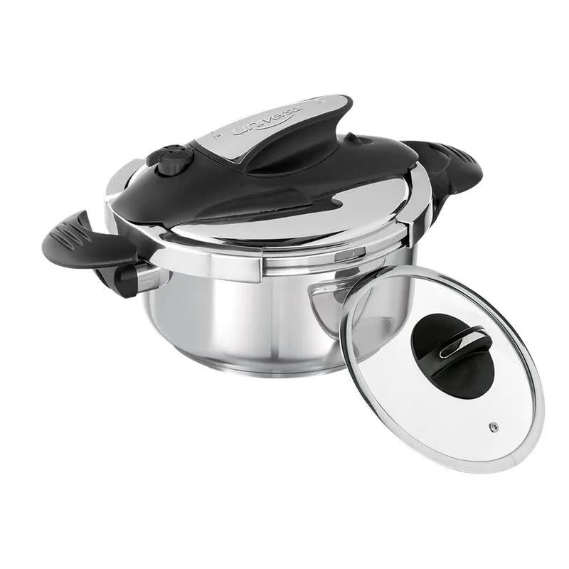 Olla a presión de acero inoxidable de 4 litros con sistema abre fácil y cinco sistemas de seguridad.