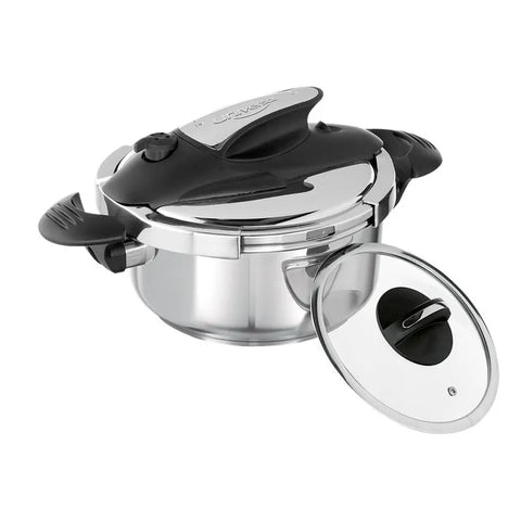 Olla a presión de acero inoxidable de 4 litros con sistema abre fácil y cinco sistemas de seguridad.