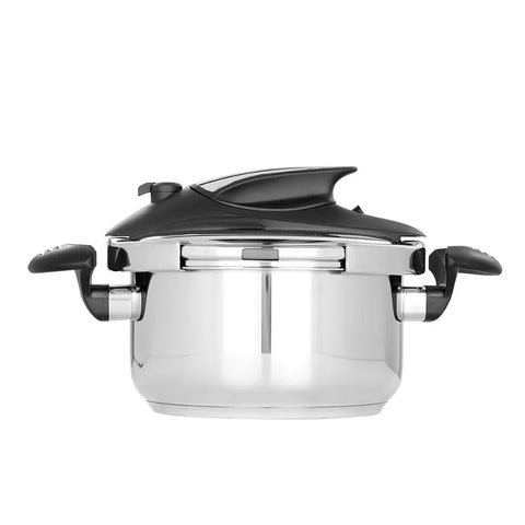 Olla a presión de acero inoxidable de 4 litros con sistema abre fácil y cinco sistemas de seguridad.