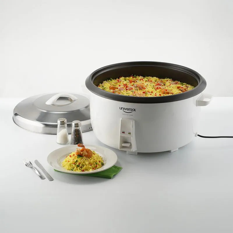 Olla Arrocera UNIVERSAL Magna de 35 tazas con diseño robusto, tapa de acero inoxidable y recubrimiento antiadherente.