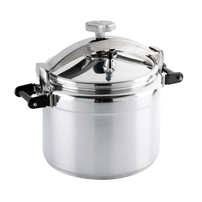 Olla a presión Magna de 15 litros, fabricada en aluminio, con diseño robusto y seguro, equipada con dos válvulas de seguridad y asas reforzadas, ideal para cocinas profesionales.