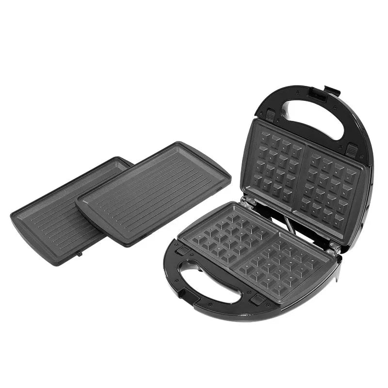 Sanduchera Universal Inox Multifuncional 3 en 1 con placas antiadherentes, cubierta de baquelita y acero inoxidable, e indicadores luminosos.