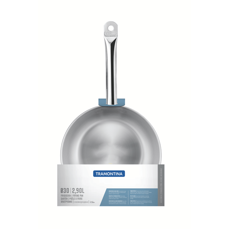 Sartén Tramontina Professional Raso de acero inoxidable con fondo triple, mango ergonómico y diámetro de 30 cm.