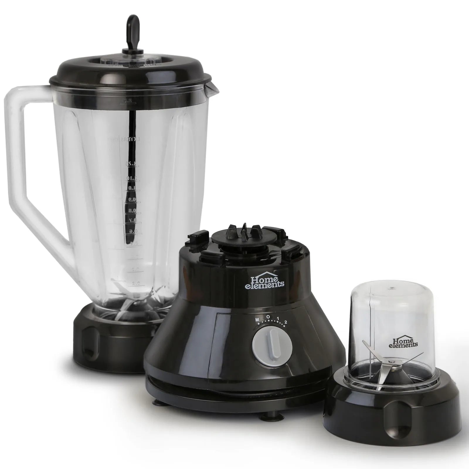 Licuadora Home Elements con 2 velocidades, función pulso, vaso plástico de 2 litros y picatodo con cuchillas independientes.