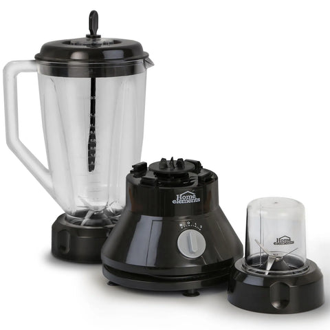 Licuadora Home Elements con 2 velocidades, función pulso, vaso plástico de 2 litros y picatodo con cuchillas independientes.