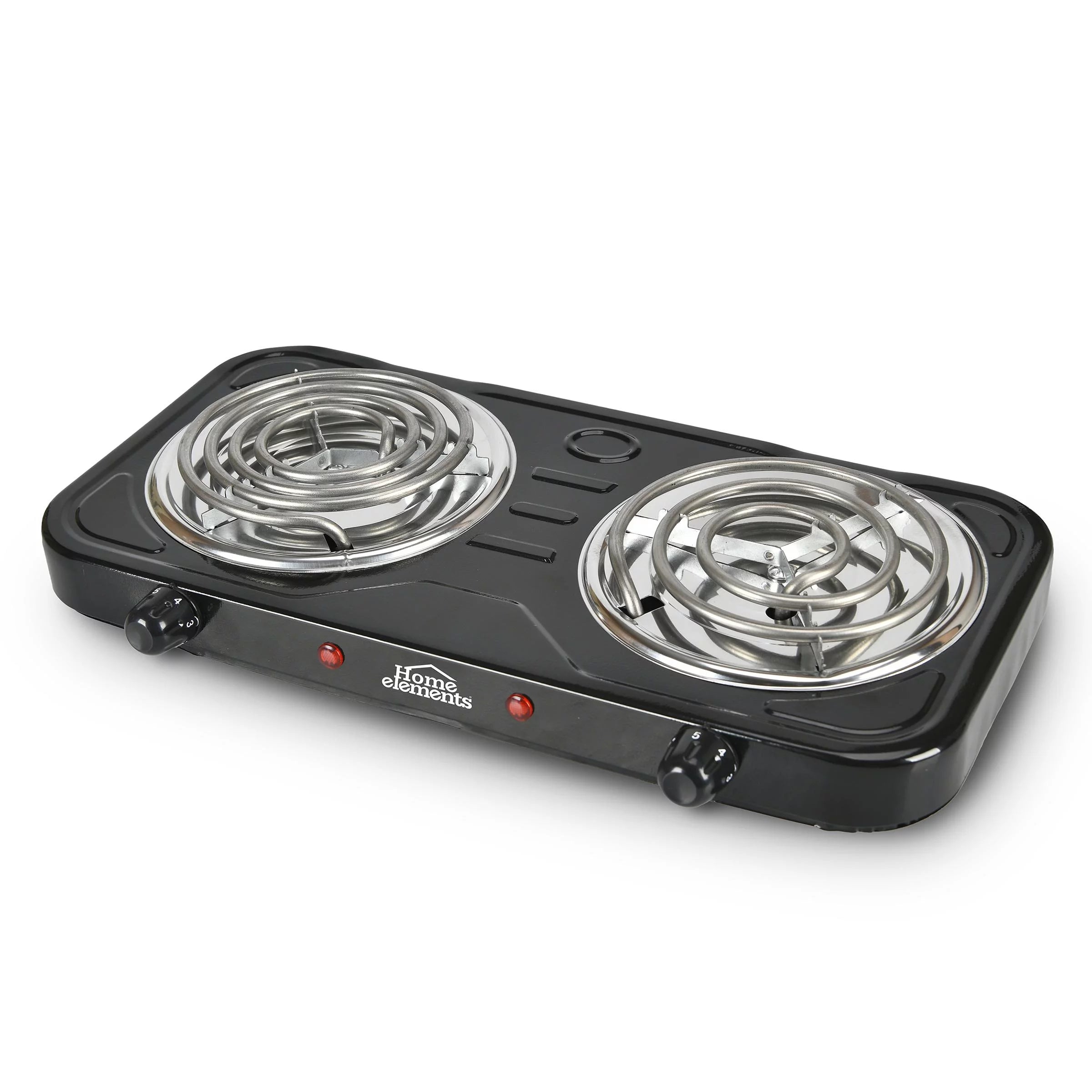 Estufa eléctrica de 2 puestos con diseño compacto, dos parrillas calefactoras y control automático con termostato.