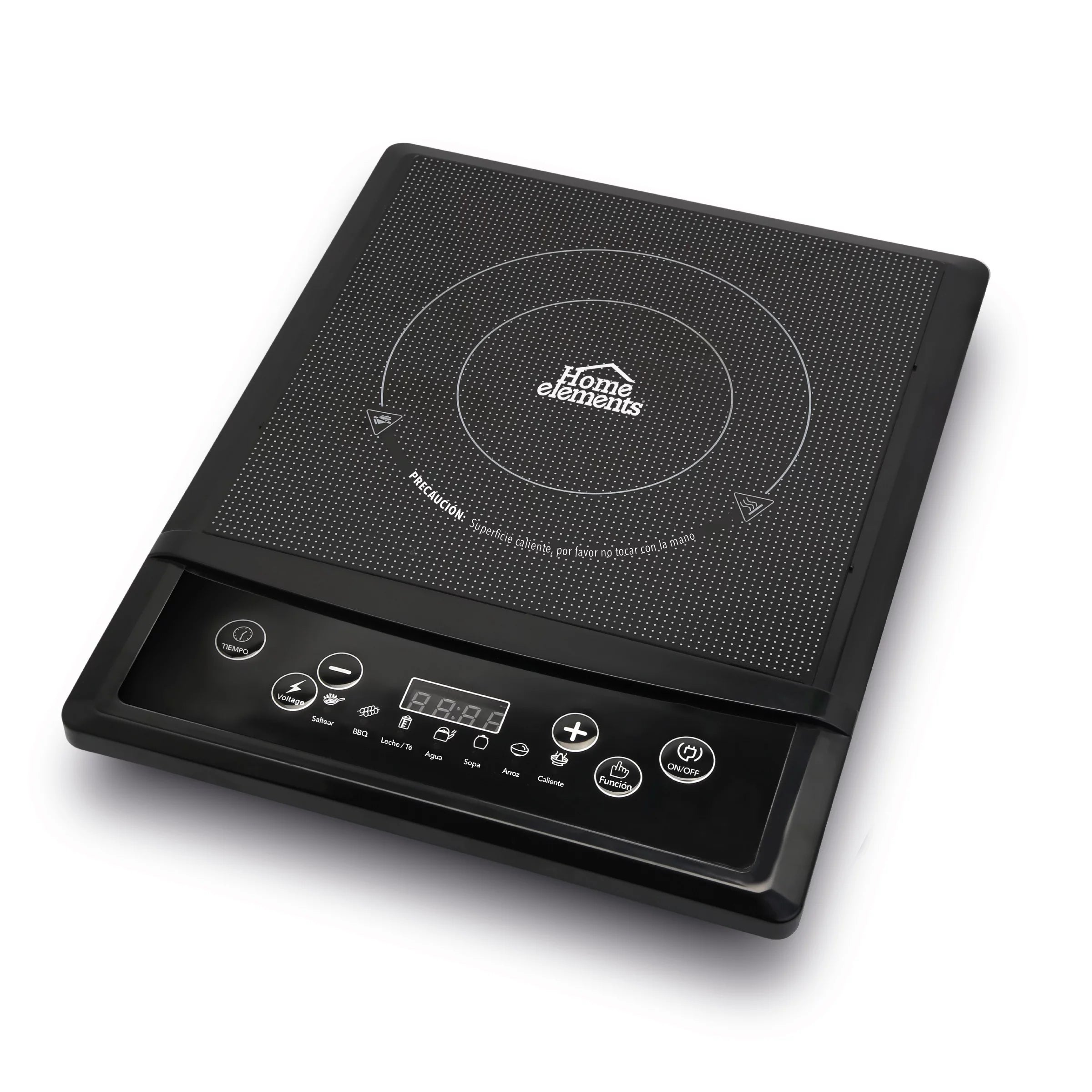 Estufa de inducción de 1 puesto Home Elements con base antideslizante, funciones preestablecidas y ajuste de temperatura de 80°C a 270°C.