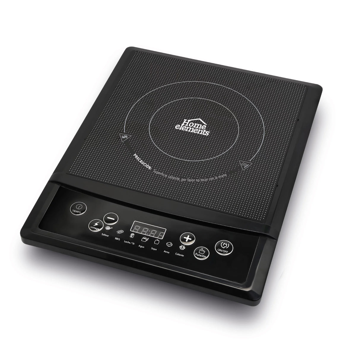 Estufa de inducción de 1 puesto Home Elements con base antideslizante, funciones preestablecidas y ajuste de temperatura de 80°C a 270°C.