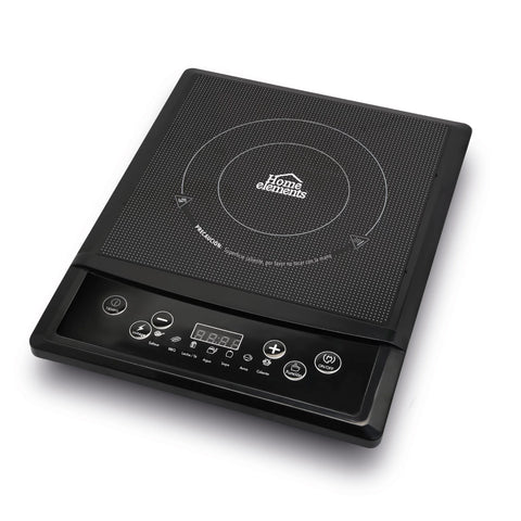 Estufa de inducción de 1 puesto Home Elements con base antideslizante, funciones preestablecidas y ajuste de temperatura de 80°C a 270°C.